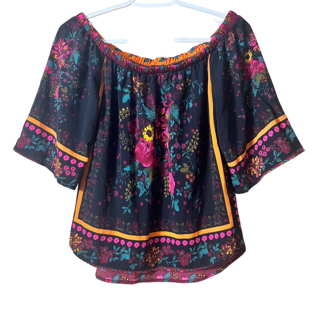 Rue 21 Black Floral Off Shoulder Blouse Bell Sleeves Small Peasant Festival Boho